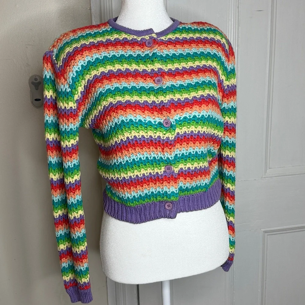 Vintage 80s Sweater Cute Rainbow Stripe 100 per cotton cardigan.  FAB! Large - Picture 2 of 9